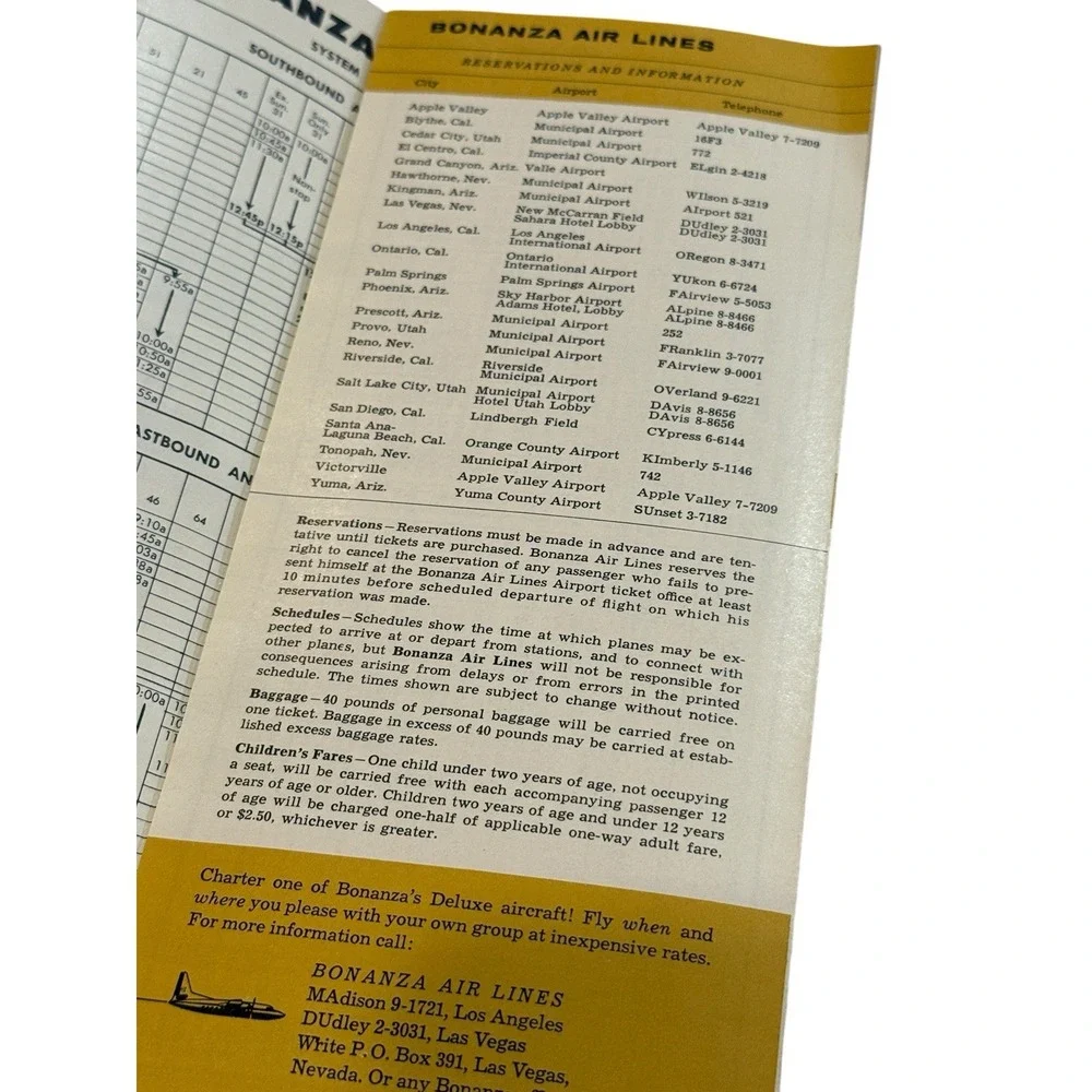 Vtg 1958 Bonanza Airlines System Timetable Salt Lake City Phoenix Reno Vegas